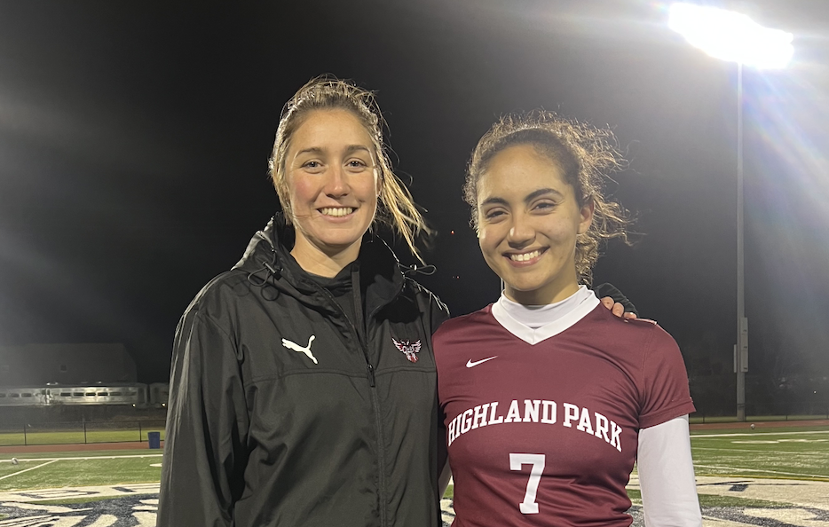 Picture of the Girls Soccer Coach, Ms. Data Peterson and high school senior player Lydia Lekhal
