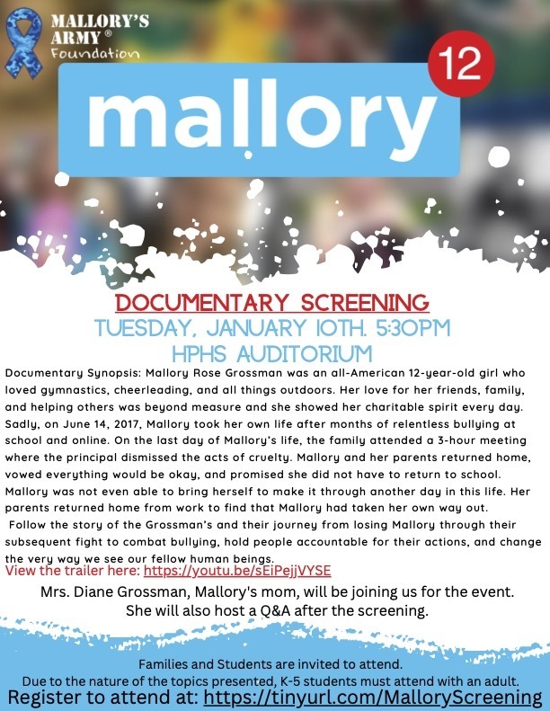 Mallory's Army Documentary Flyer for Tuesday, January 10th at 5:30pm in the HPHS Auditorium