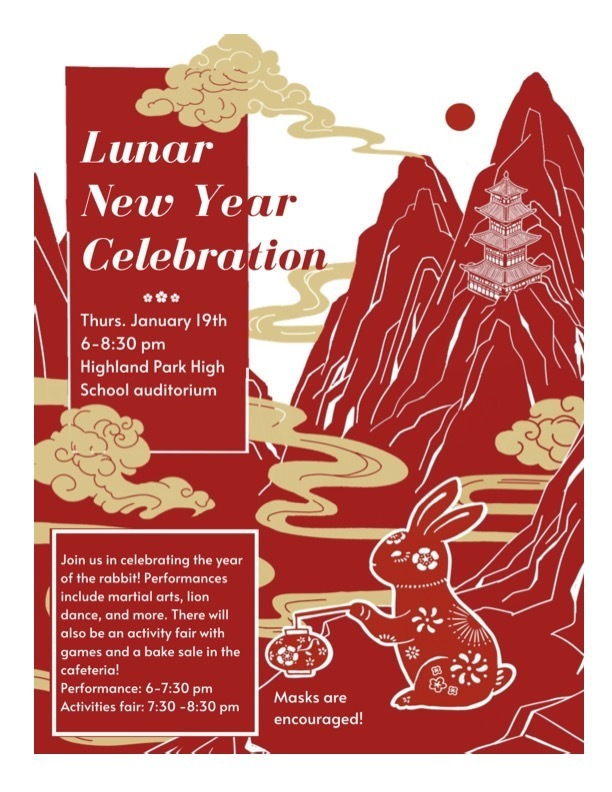 Flyer of the Lunar New Year celebration on Jan. 19, 2023 from 6-8:30pm in the high school auditorium