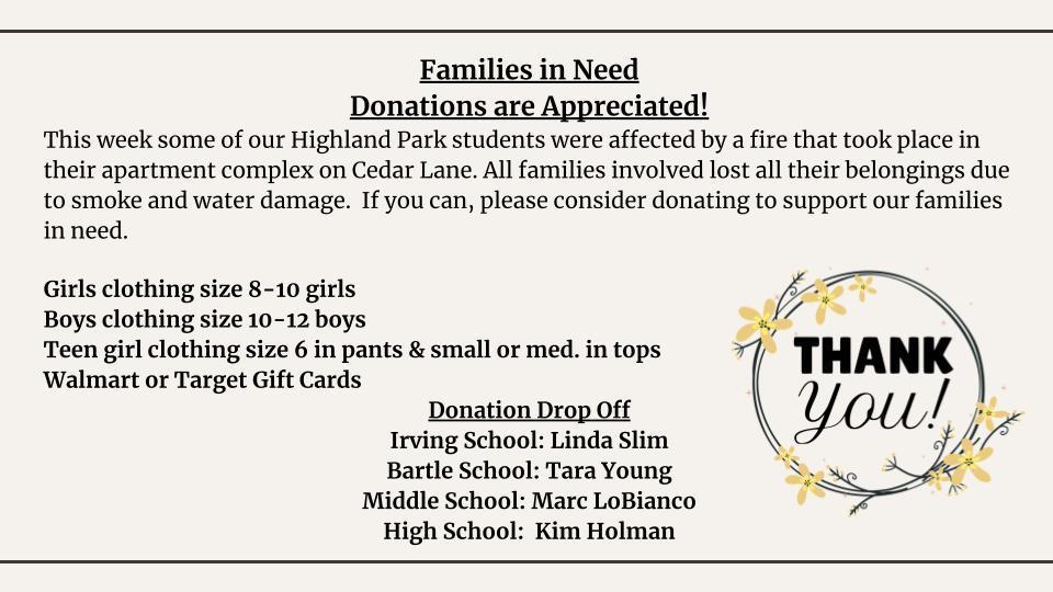 Flyer for donations for families in need of help.